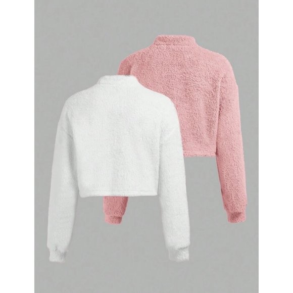 NEW (2) Solid Color Mock Neck Cropped Plush Sweaters Pink/White L - Picture 2 of 8